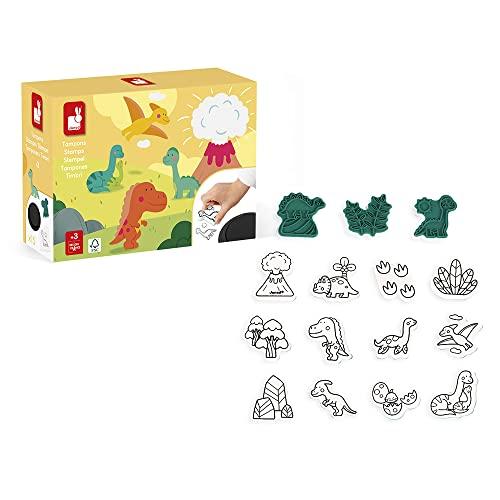 Janod - Set Stampinoo Dinosauri - 15 Timbri in Gommapiuma e 1 Cuscinetto Inchiostrato per Piccole Mani - Attività Creative per Bambini - Abilità Fino-Motorie e Creatività - Dai 3 Anni, J07721