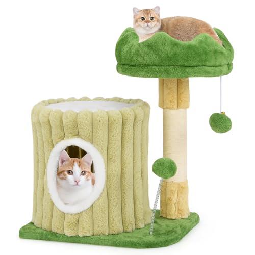 COSTWAY Tiragraffi per Gatti 50 x 41 x 54 cm, Torre Moderno con Pali in Sisal, Piattaforma Imbottita e Pallina Penzolante, Cuccia per Animali Domestici, Verde e Naturale