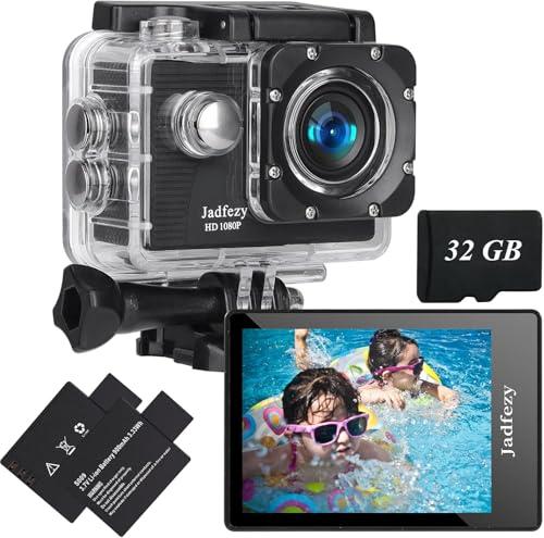 Jadfezy Action Cam 1080P con scheda da 32 GB, Macchina Fotografica Subacquea impermeabile 30M, Fotocamera Subacquea con Due 900mAh Batterie Ricaricabili e Kit Accessori（Nuovo 2026）