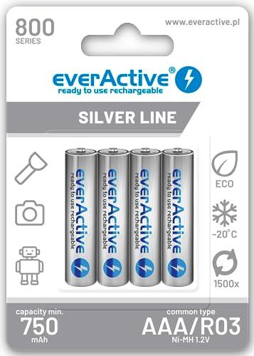 everActive Batteria AAA 800 mAh, 4 pezzi, NI-MH, Micro R03, ricaricabile, precaricata, Silver Line 1,2 V, 1 blister, colore: Argento