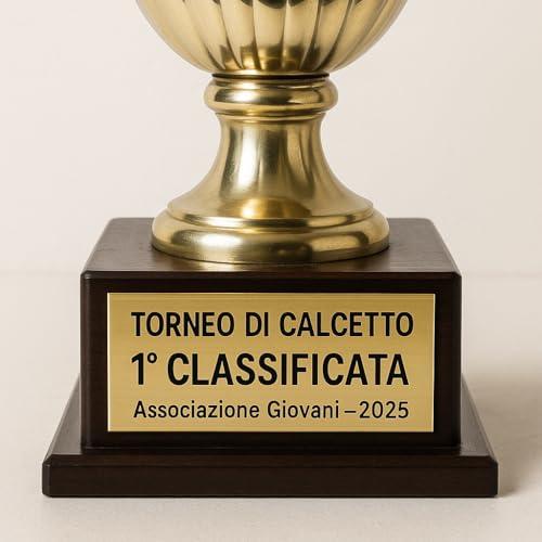 Targhetta Personalizzata per Trofei e Coppe in Laminato Plastico Oro/Argento con Incisione Laser e Biadesivo 3M