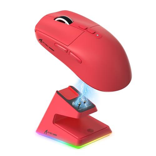 Attack Shark X6 Mouse Gaming Superleggero con Dock di Ricarica Magnetica, Sensore PixArt PAW3395, Tri-Mode BT/2.4G Wireless/Cablato, 26000 DPI, per Win11/Xbox/PS/Mac (Rosso)