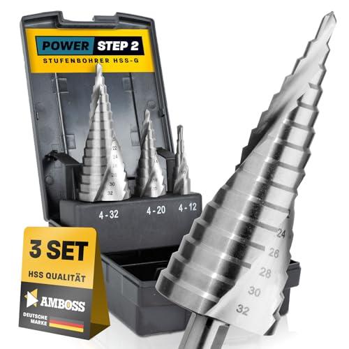 Set di frese a gradini Ø 4-12 + 4-20 + 4-32 mm/trapano conico / albero da 10 mm / 3 pezzi. Set di punte per trapano professionale HSS/Amboss PowerStep 2 / adatto per forare acciaio, alluminio