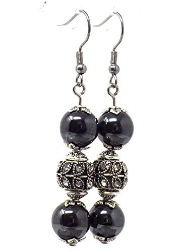 Orecchini Pendenti Acciaio, Perle Nere Ematite e Cristalli
