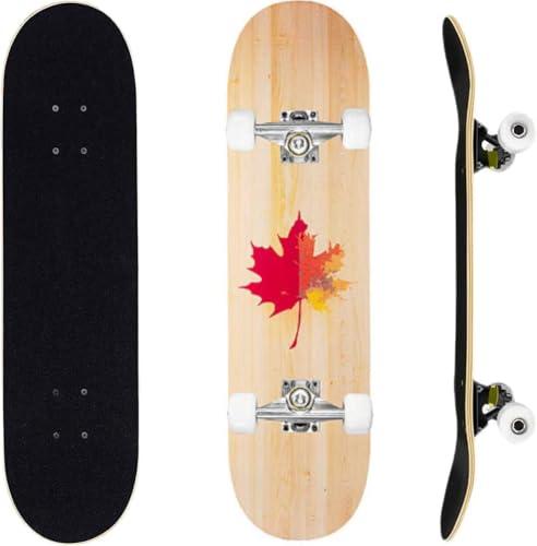ERNAN Skateboard Completo per Principianti. Skateboard completo professionale da 31 * 8 pollici. Double Kick Deck Concavo con 7 strati per adulto, ragazzi, ragazze. (maple leaf)