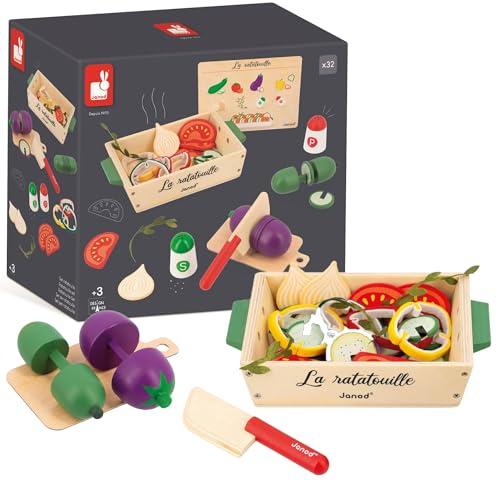 Janod - Set Ratatouille - 32 Accessori da Cucina - Ricetta + Utensili + Verdure - Giocattolo di Imitazione - In Legno FSC - Dai 3 Anni, J06626