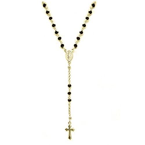 Linea Italia Gioielli - Collana Rosario a Y in Argento 925 Placcato oro con Perline Nere, Croce e Medaglietta Madonna - Made in Italy