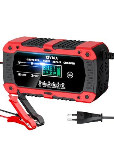 RYQLVOT Caricabatterie Auto Intelligente 10A 12V per Moto, Auto, AGM, Barche