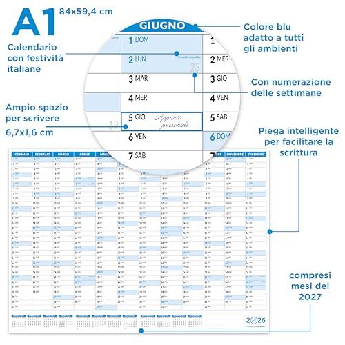 Calendario 2026 da Muro 84 x 59 cm Planner | Positivo | Piegato | Formato da Parete Maxi A1