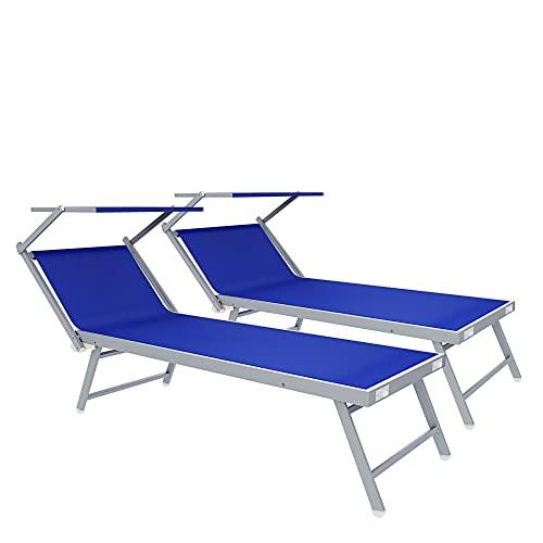 Coppia di Lettini Prendisole Professionali Blu con Tettuccio Parasole