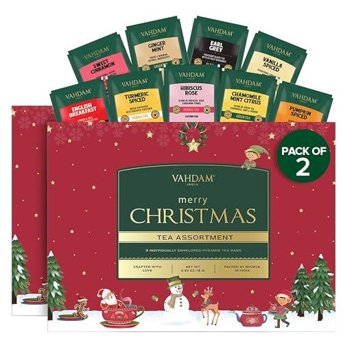 VAHDAM Buon Natale - Set Regalo di Tè di Natale (9 Bustine di Tè Individuali, Set di 2) Edizione Limitata