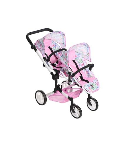 Bayer Chic 2000 - Passeggino per bambole Linus Duo, passeggino gemellare per bambini dai 4 agli 8 anni, Flowers, rosa 690-53