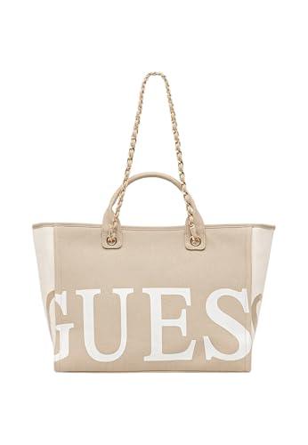GUESS Borsa Mare Donna in Tessuto con Logo, Beige, 50x31x18 cm, con Manici e Tracolla a Catena, Chiusura a Cerniera