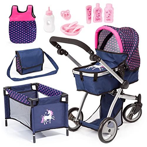 Bayer Design 18354AC Set di Carrozzina per Bambole, Passeggino Jogger Giocattolo, regolabile in altezza, Mega Set di accessori con borsa e molto altro, blu, unicorno