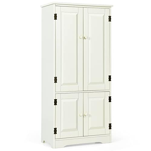 COSTWAY Mobile Multiuso, Armadio da Soggiorno, Credenza da Cucina in Legno, con 4 Ripiani, 59 x 32 x 123cm, Bianco e Nero (Bianco)