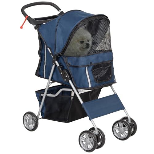 PawHut Passeggino per Cani Pieghevole Blu Scuro - Comfort e Sicurezza per i Tuoi Amici a 4 Zampe