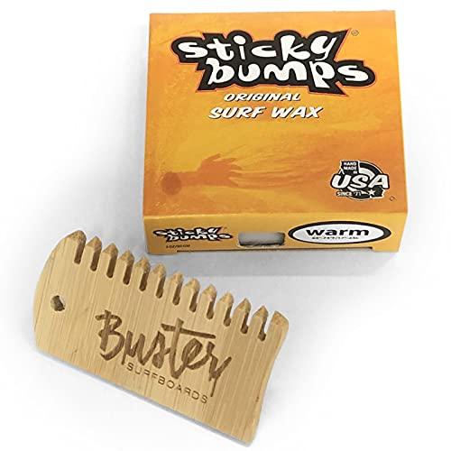 Buster Surfboards Sticky Bumps - Set per tavola da surf con cera da surf Grip, in bambù, temperatura calda 17 °C - 24 °C, cera antiscivolo con pettine