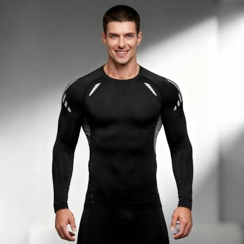 Maglietta a compressione da uomo, a maniche lunghe, ad asciugatura rapida, per sport, atletica, allenamento, maglietta intima da indossare sotto altri indumenti, colore grigio e nero1, Grigio e nero1