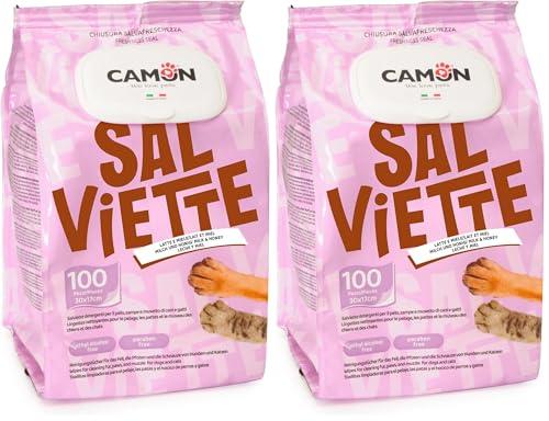 Camon | Salviette Detergenti per Cani e Gatti, 30x17 cm, Confezione da 200 Pezzi, Fragranza Latte e Miele, Senza Alcool etilico né Parabeni, Made in Italy, Il Pacchetto può variare