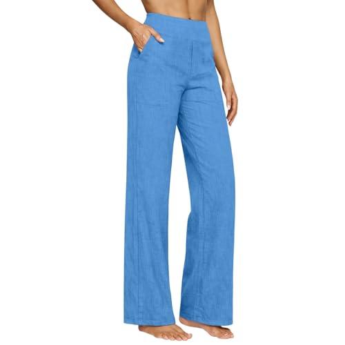 Pantaloni Donna Estivi in Cotone e Lino Eleganti Elastico Vita Alta Pantaloni Donna Larghi Curvy Leggeri e Comodi a Gamba Larga Casual Yoga Pantalone Gamba Dritta con Tasche per Business Ufficio