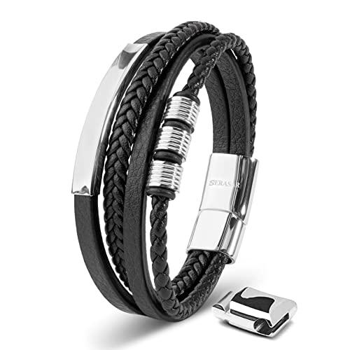 SERASAR Bracciale in Pelle Intrecciata Nera 17cm