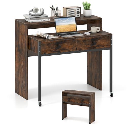 Scrivania Salvaspazio Retrattile COSTWAY con Cassetti e Ruote