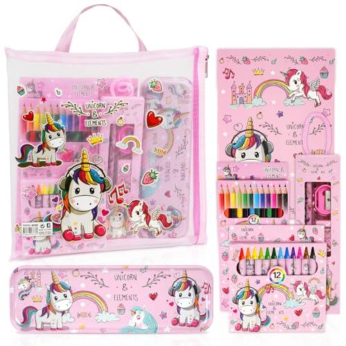 OFFCUP Set Di Cancelleria per Unicorno, Cancelleria per Regalo Bambina, Regalo Di Compleanno per Bambini, Include Astuccio, Matita, Matita Colorata, Pastello, Gomma, Temperamatite e Taccuino