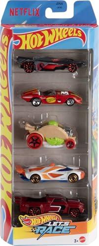 Hot Wheels - Set 5 macchinine die-cast, auto in scala 1:64 dei modelli apparsi nella serie Netflix animata Let's Race!, giocattolo per bambini, 3+ anni, JDR20