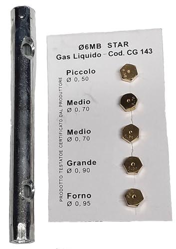 Set 5 Ugelli Universali 6MB GPL per Bombole, Cucine a Gas + Chiave a Tubo 6x7