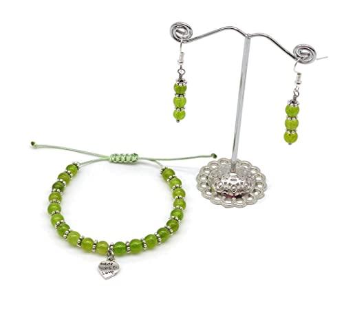 Parure in Peridoto Naturale, Bracciale Regolabile e Orecchini, Fatti a Mano