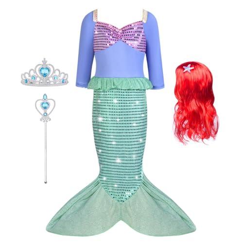 AUYAO Vestito Sirenetta Bambina Principessa Ariel Costume con Parrucca Halloween Natale Cosplay