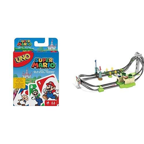 Mattel Games-UNO Gioco di Carte Versione Super Mario Bros Giocattolo per Bambini 7+ Anni, DRD00 + Pista Circuito Base con Personaggio Mario in Macchinina, Giocattolo per Bambini 5+ Anni, GHK15