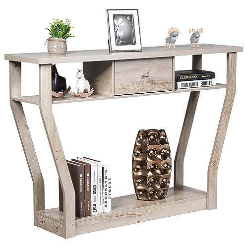 COSTWAY Tavolo Consolle in Legno, Consolle con Cassetto e Ripiani, Mobile Ingresso Moderno e Multiuso per Salotto, Corridoio e Entrata 120 x 30 x 81 cm (Grigio)