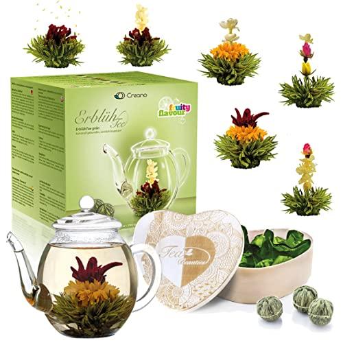 Creano Set regalo 'Erblühtee', miscela di tè ai fiori in scatola di legno - 6 tipi di tè verde incl. teiera in vetro 500ml