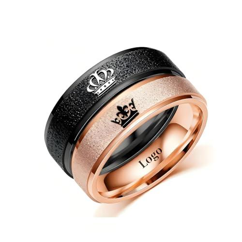 Personalizzato glassato corona coppia anelli all'interno del testo inciso Anelli di promessa per lui e lei personalizzato coppia bande per anniversario Matrimonio Fidanzamento (Nero+oro rosa-6mm)