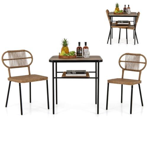 COSTWAY Salottino da Esterno in Rattan e Metallo con 2 Sedie Impilabili e Tavolo