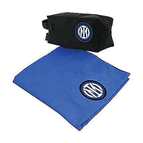F.C. Inter, Beauty + Telo in Microfibra, Telo Microfibra cm.50x100, Beauty Viaggio Bagno con Logo, Nero Azzurro, Prodotto Ufficiale