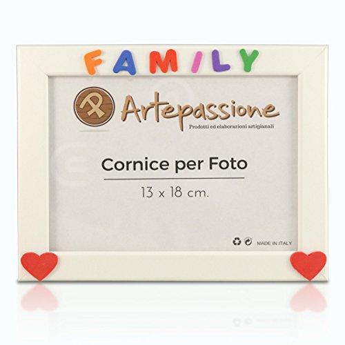Cornice per foto in legno con scritta Family e cuoricini
