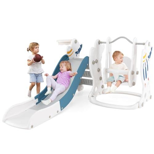 COSTWAY Set 4 in 1 Scivolo e Altalena per Bambini con Canestro (Blu)