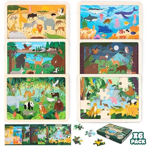 BONNYCO Puzzle Legno Bambini 6 Sets 24 Pcs Animali Ecosistemi
