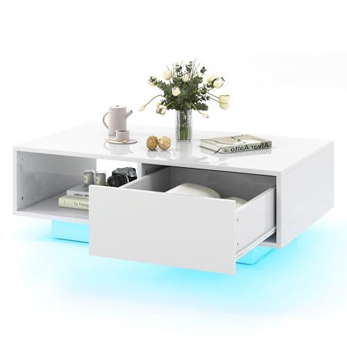 COSTWAY Tavolino da Salotto Moderno con LED e Cassetto Bianco