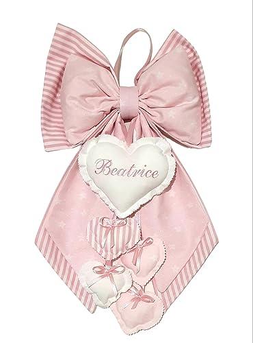 Fiocco Nascita Personalizzato con Nome sul Cuore, Rosa e Celeste