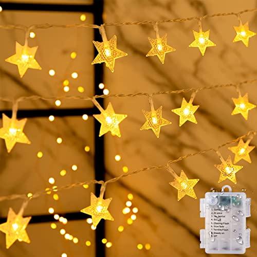 Luci Natale Esterno Batteria, 6M*40 Stelle Lucine Led Decorative a Batteria, IP65 Impermeabile Luci Albero di Natale, 8 Modalità Luci Led a Batteria Decoracion per Interni, Balcone, Blanco Cálido