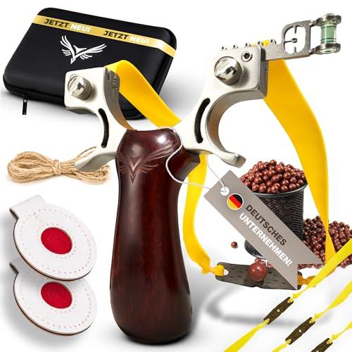 Abowllon® Set Completo: Fionda Professionale in Acciaio e Legno di Rosa con Munizioni Biodegradabili