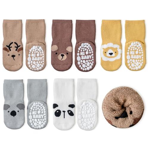 SockWaddles Calzini Antiscivolo Bambino - 5 Paia di Calze Termiche con Animali Carini