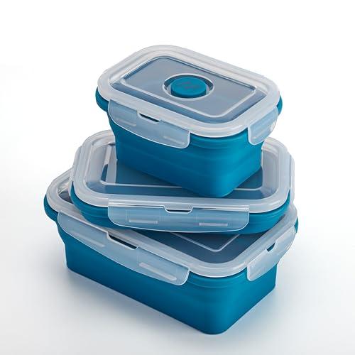Muitomas Set Porta Pranzo in Silicone Pieghevoli Blu Ottanio (3 Dimensioni)
