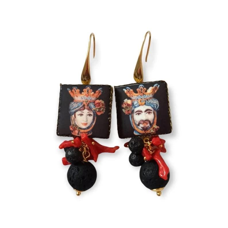Orecchini Siciliani con Mattonelle in Ceramica di Caltagirone e Pietra Lavica