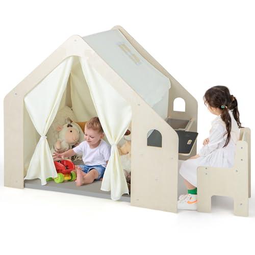 COSTWAY Tenda Gioco Bambini 6 in 1 con Tavolo, Sedia e Lavagna