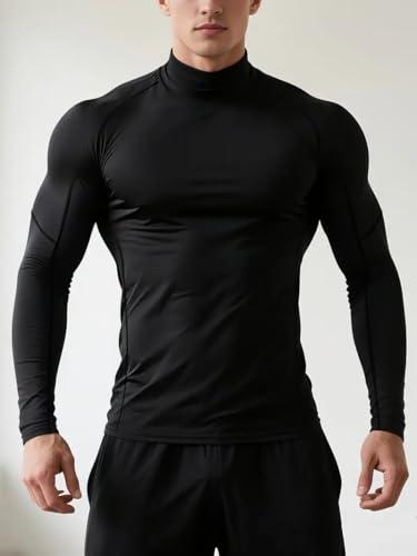 Maglia a collo alto da uomo a maniche lunghe, a compressione, traspirante, elasticizzata, per palestra, sport, allenamento, nero, L