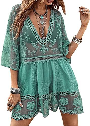 LATH.PIN Copricostume in Pizzo Copribikini Taglie Forti Scollo a V Abito da Spiaggia Bikini Cover Up Sexy Taglia Unica Vestito Copricostumi e Parei